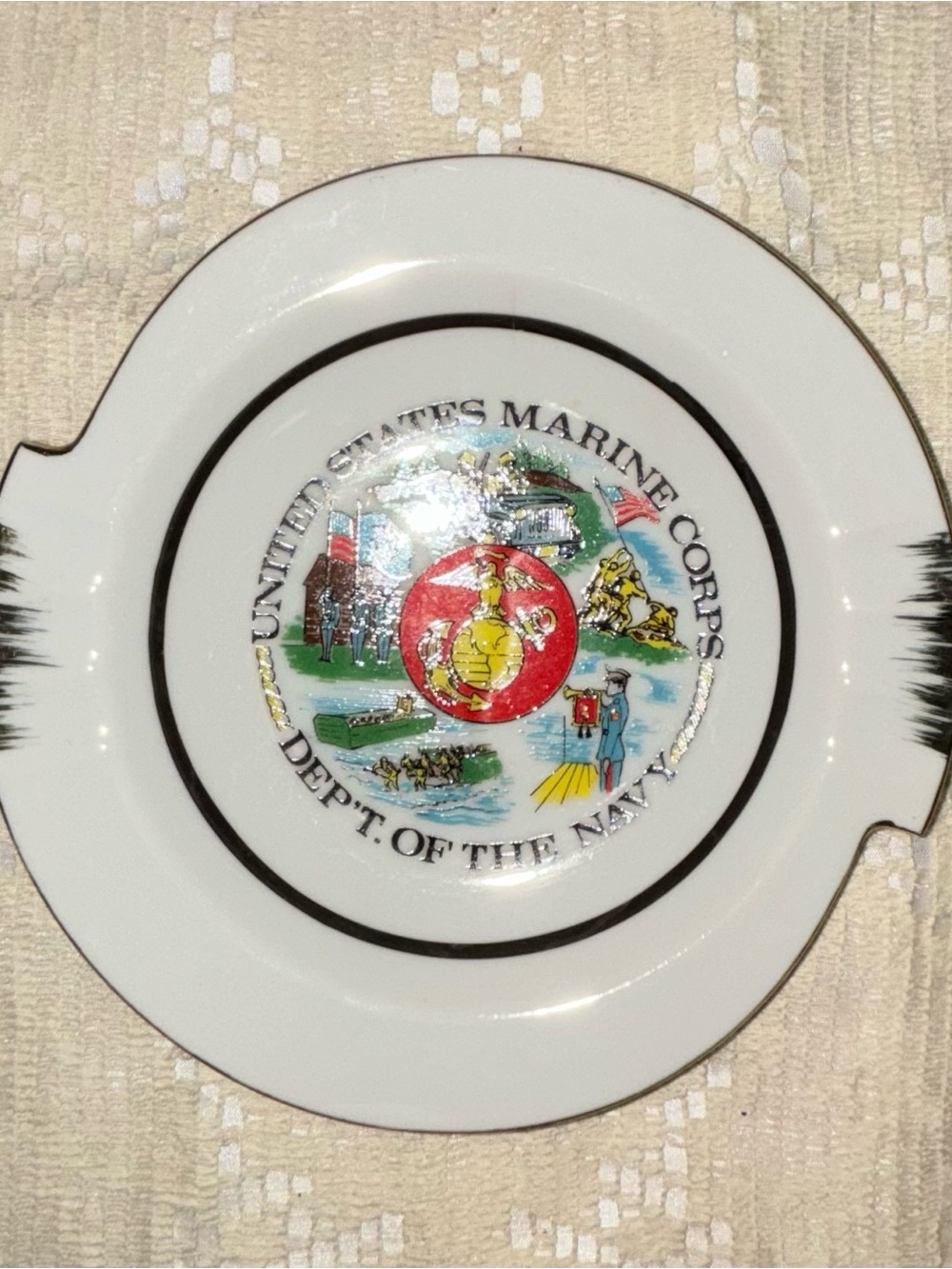Vintage United States Marine Corps Decorative Ashtray - White with Gold Trim